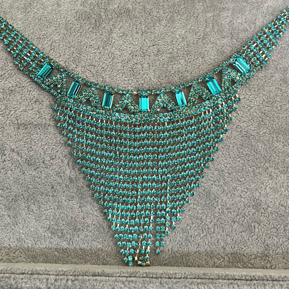 Aquamarine, glass rhinestones featuring multi strand dangles